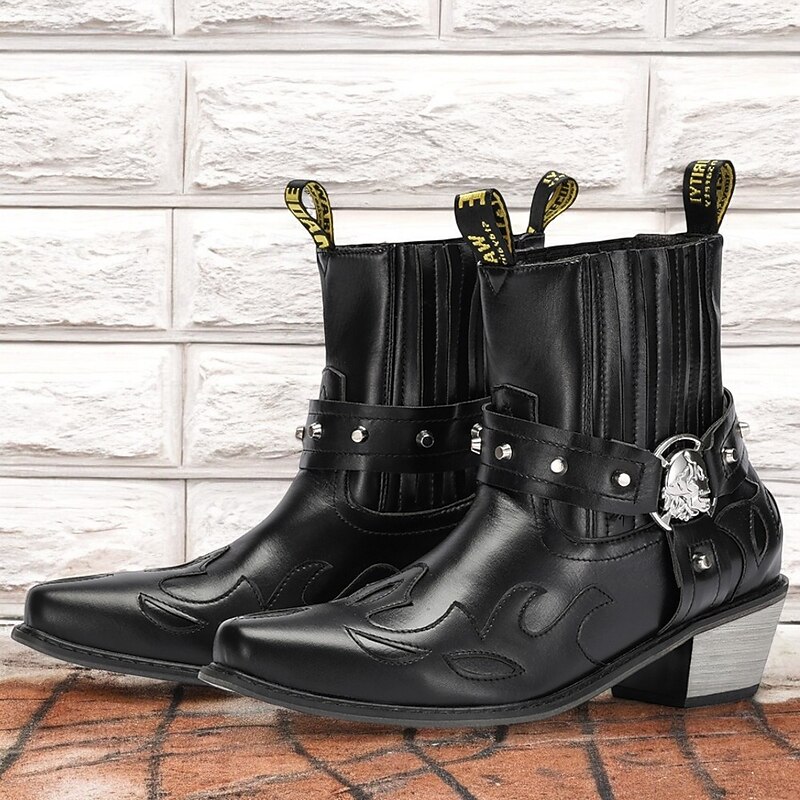 Men's Black Faux Leather Motorcycle Boots with Flame Embroidery and Metal Buckle – Western Style Ankle Boots for Biker Fashion and Casual Wear - Main Image