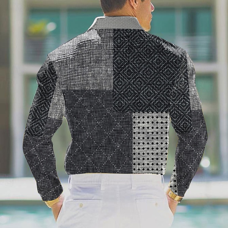 Men's Plaid Waffle Polo Shirts Golf Shirt Long Sleeve Polo Shirts Collared Shirts Vintage Casual Vacation Wear Formal Wear Festival Wear Buttons 3D Print Spring Fall Winter Black2