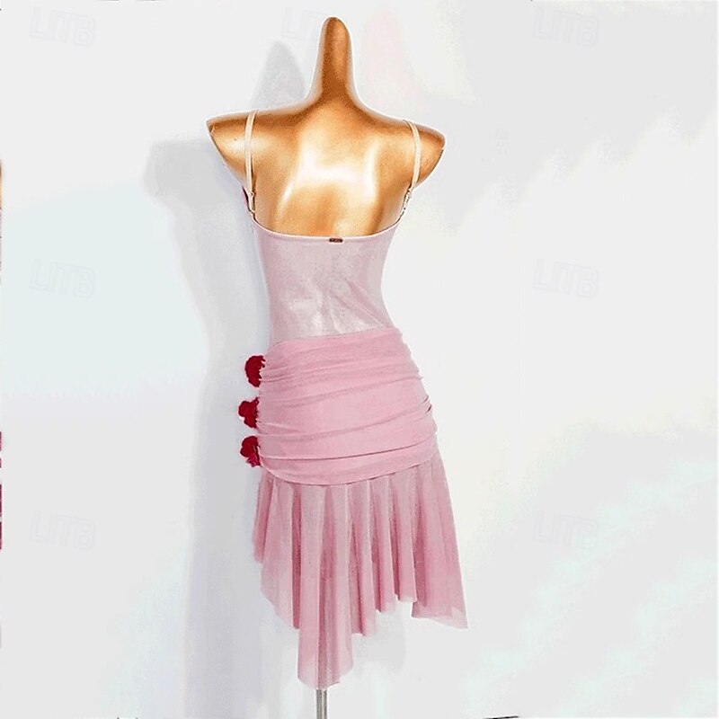 Latin Salsa Dance Dress Ruffles Pure Color Splicing Women's Performance Training Sleeveless Mesh2