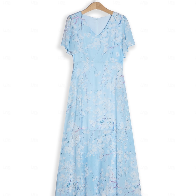 Women's Maxi Dress A Line Dress Elegant Daily Date Regular Fit Floral V Neck Blue Summer2