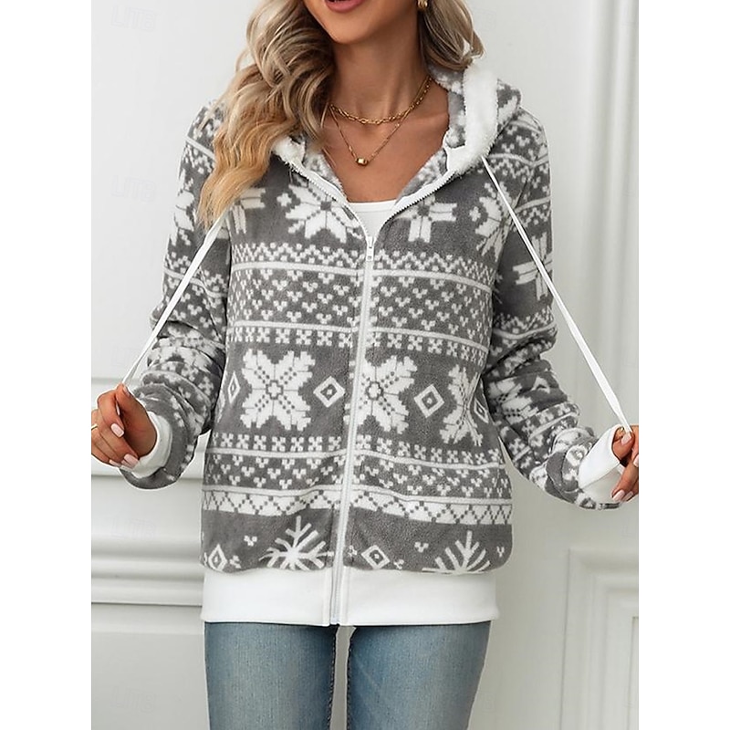 Women's Fleece Jacket Sherpa-Lined Hooded Full-Zip Winter Snowflake Print Grey and White Cozy Warm Casual Outerwear Multiple Sizes