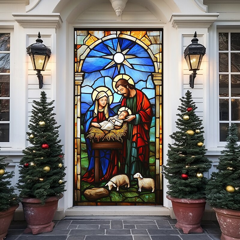 Christmas Door Decorations Door Covers Nativity Scene Door Tapestry Door Curtain Decoration Backdrop Indoor/Outdoor Door Banner for Front Door Farmhouse