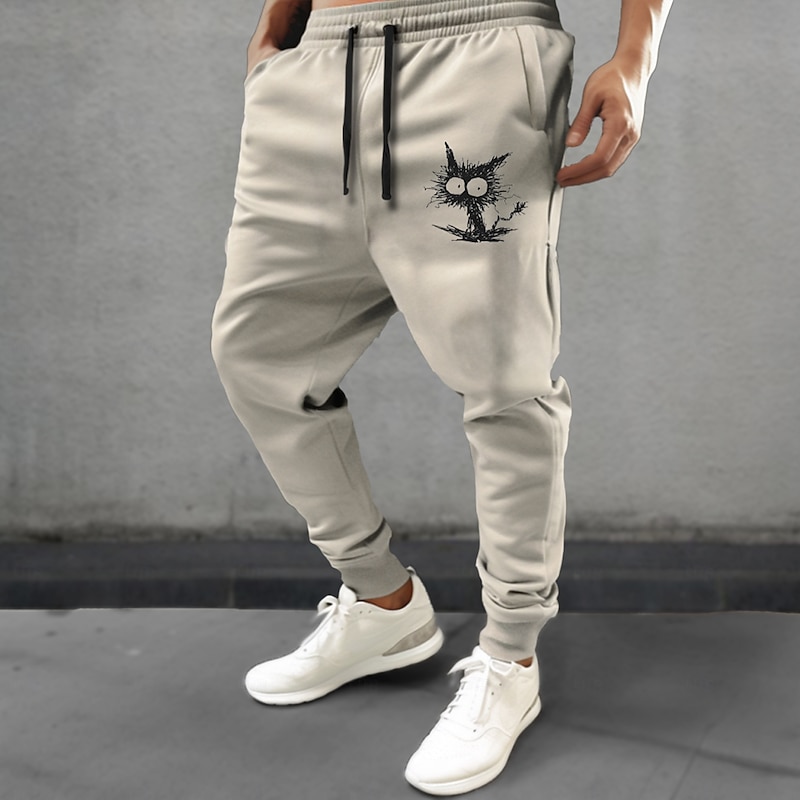 Men's Cat Sweatpants Joggers Pants Trousers Mid Waist Drawstring Elastic Waist Fashion Casual Dailywear Casual Pocket Spring Fall Winter 3D Print Beige