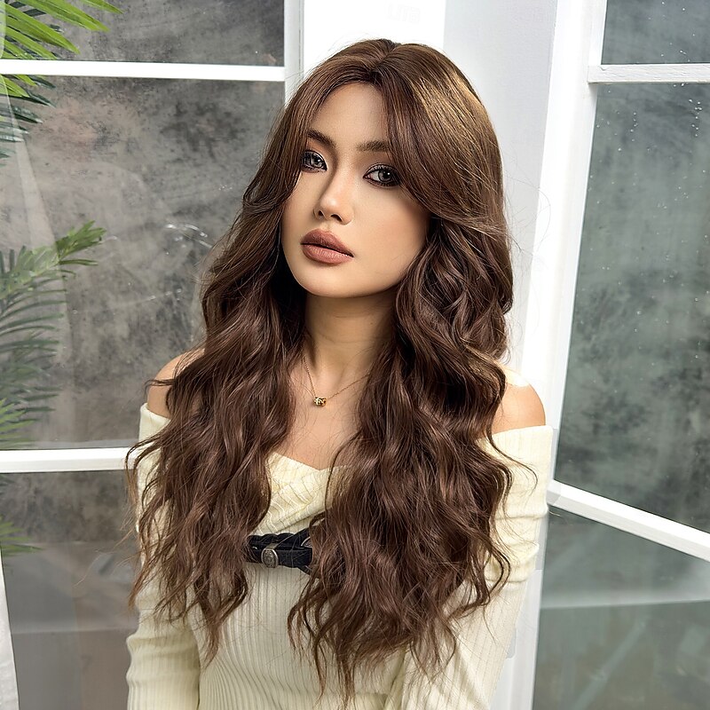 Synthetic Wig Uniforms Career Costumes Princess Curly Wavy Middle Part Layered Haircut Machine Made Wig 26 inch Dark Brown Synthetic Hair Women's Cosplay Party Fashion Dark Brown3