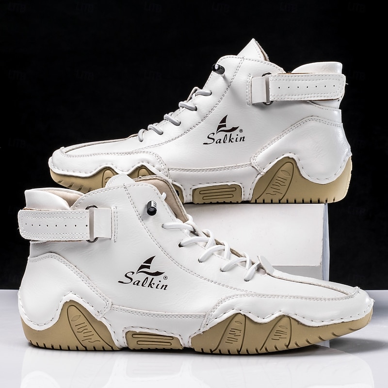 Men's Faux Leather High-Top Sneakers – Hand-Stitched White Lace-Up Shoes with Buckle Detail and Durable Sole for Casual and Urban Fashion3