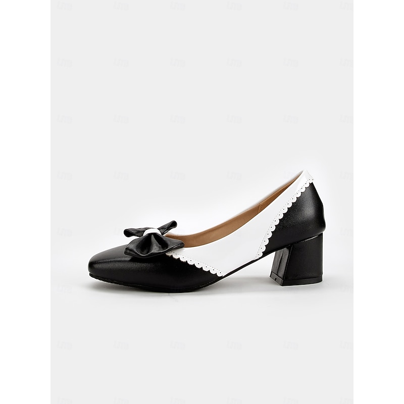 Women's Black and White Block Heel Pumps with Bow Detail – Vintage-Inspired Low-Heel Shoes for Office, Casual, and Dressy Occasions4
