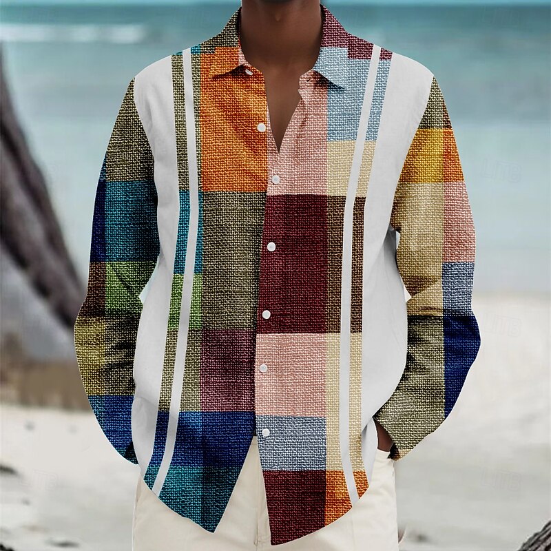 Men's Geometric Pattern Geometic Beach Shirt Button Up Shirt Long Sleeve Hawaiian Casual Vacation Daily Fall Winter Spring & Summer Collared Shirts 3D Print Violet Blue Green