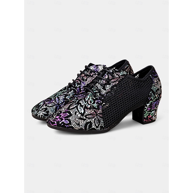 Women's Black Leather Lace-Up Dance Shoes with Mesh Panels and Floral Embroidery, Lightweight Shoes for Ballroom, Latin, and Jazz Dancing2