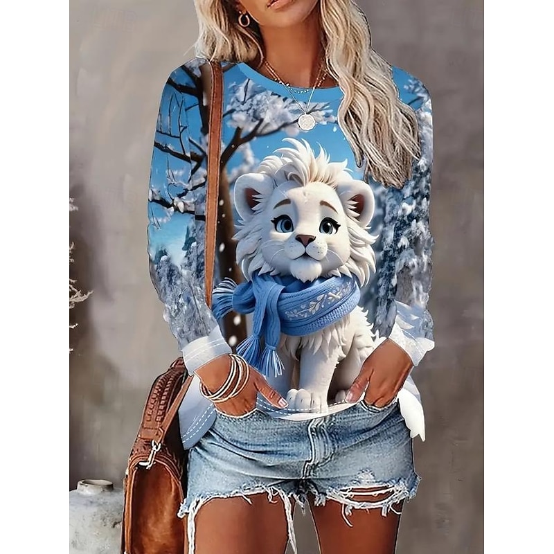 Women's T shirt Crew Neck Long Sleeve Tunic Pullover Winter Lion Cub Print Casual Tops Soft Comfortable Wear Daily Outings Blue White Gray Regular Fit