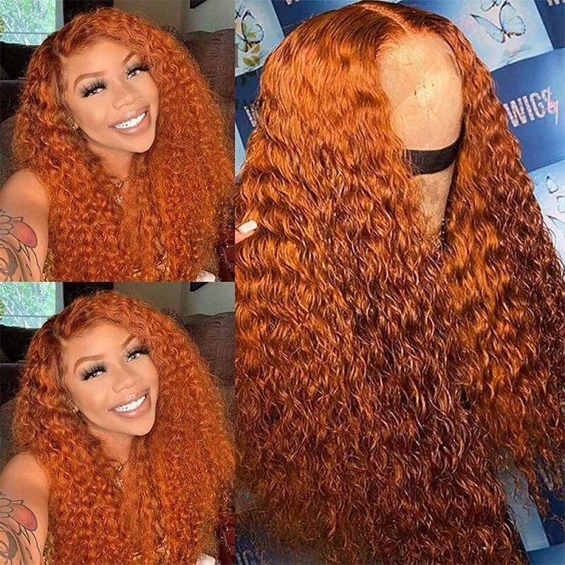 Remy Human Hair 13x4 Lace Front Wig Side Part Middle Part Free Part Brazilian Hair Deep Wave Water Wave Orange Wig 130% 150% 180% Density with Baby Hair Natural Hairline