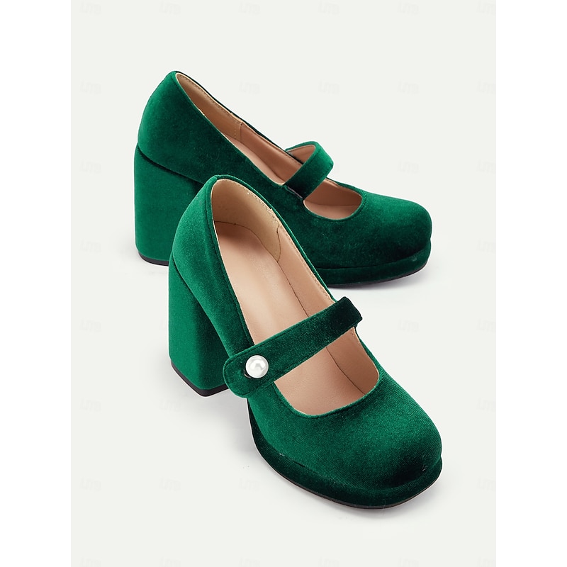 Women's Green Velvet Mary Jane Block Heels with Pearl Accent – Retro Platform Pumps for Party and Formal Events4