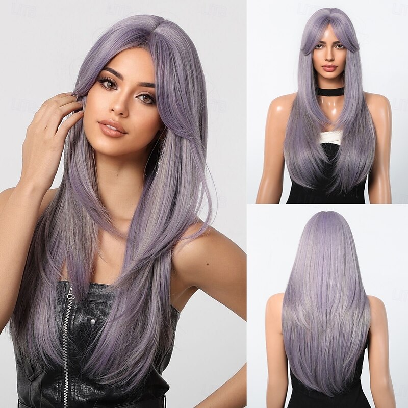 Synthetic Wig Uniforms Career Costumes Princess Straight kinky Straight Middle Part Layered Haircut Machine Made Wig 22 inch Purple / Blue Synthetic Hair Women's Cosplay Party Fashion Purple