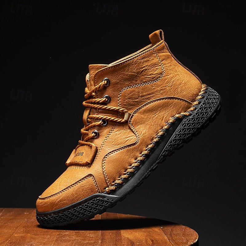 Men's Casual Lace-Up Ankle Boots – Faux Leather Handmade Moccasin-Style Outdoor Shoes with Hand-Stitched Details and Non-Slip Sole for Hiking and Daily Wear4