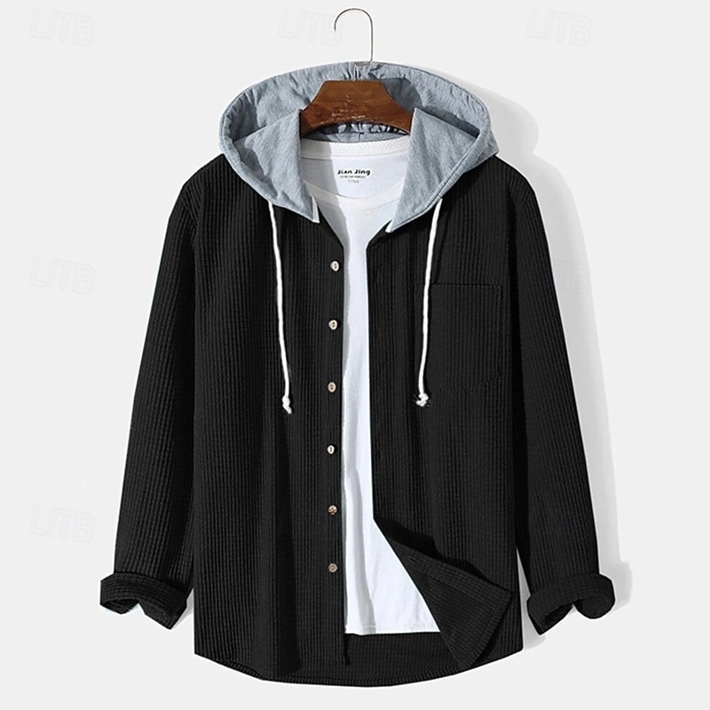 Men's Shirt Waffle Shirt Overshirt Plain Outdoor Street Light Blue Black Blue Green Long Sleeve Hooded Winter Spring & Fall Clothing Apparel 6