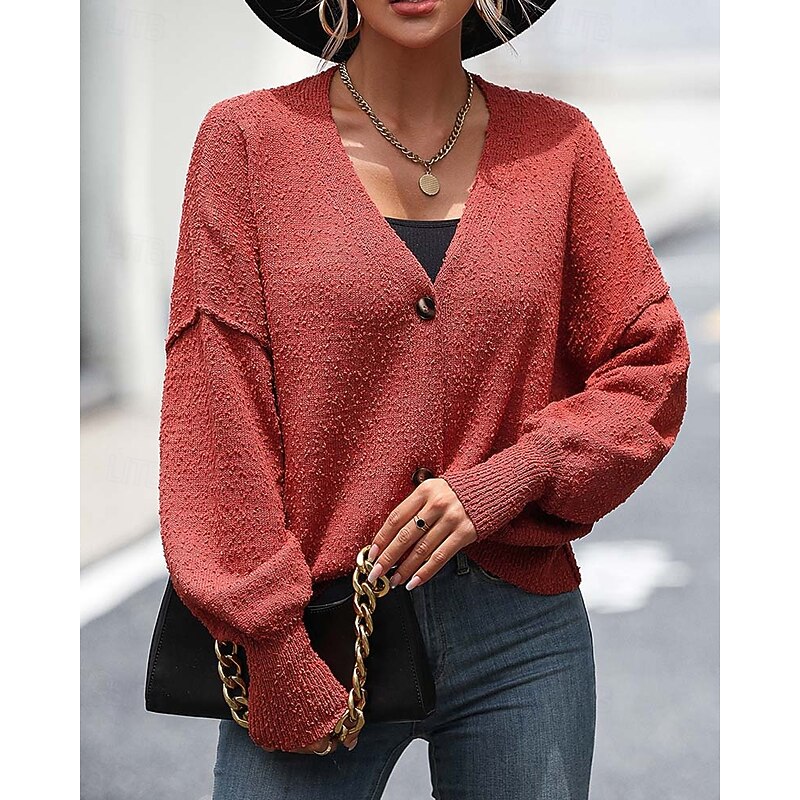 Women's Sweater Cardigan Daily Casual Solid Color Shirt Collar Knitted Textured Long Sleeve Regular Tops Knit Home Work White Red Fall Winter2