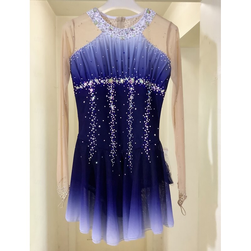 Figure Skating Dress Women's Girls' Ice Skating Dress Dark Grey Dark Blue Thumbhole Halo Dyeing Mesh Spandex Stretchy Training Practice Professional Skating Wear Thermal Warm Classic Crystal2