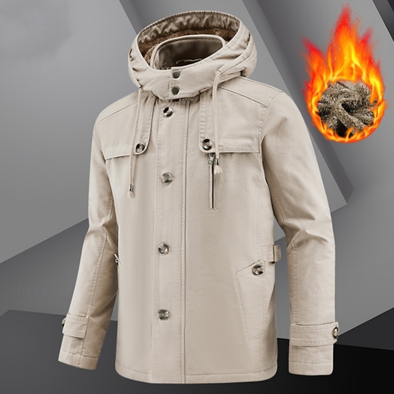 Men's Outdoor Jacket Fleece Jacket Cargo Jacket Hoodied Jacket Formal Home Pocket Winter Spring &  Fall Solid Color Vintage Fashion Shirt Collar Regular Black Brown Khaki Jacket