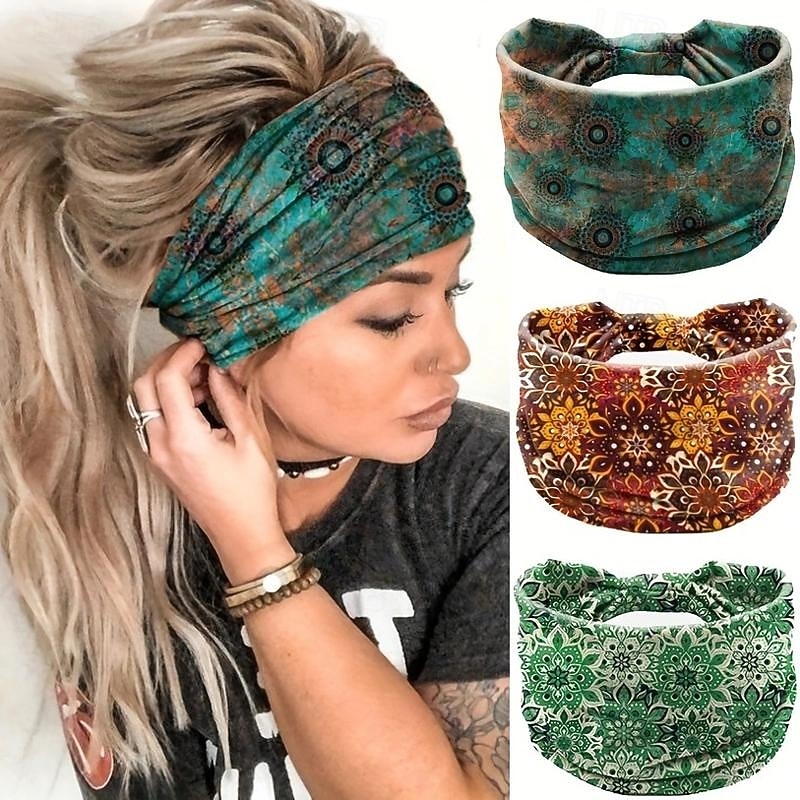 1pc Boho Printed Headband Vintage Mandala Flower Headband Elastic Sweat-absorbent Headwear Hair Accessories