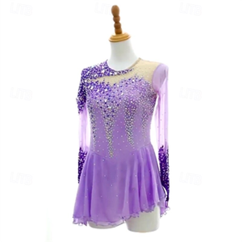 Figure Skating Dress Women's Girls' Ice Skating Dress Pink Purple Patchwork Mesh High Elasticity Training Competition Skating Wear Classic Crystal / Rhinestone Long Sleeve Ice Skating Figure Skating3