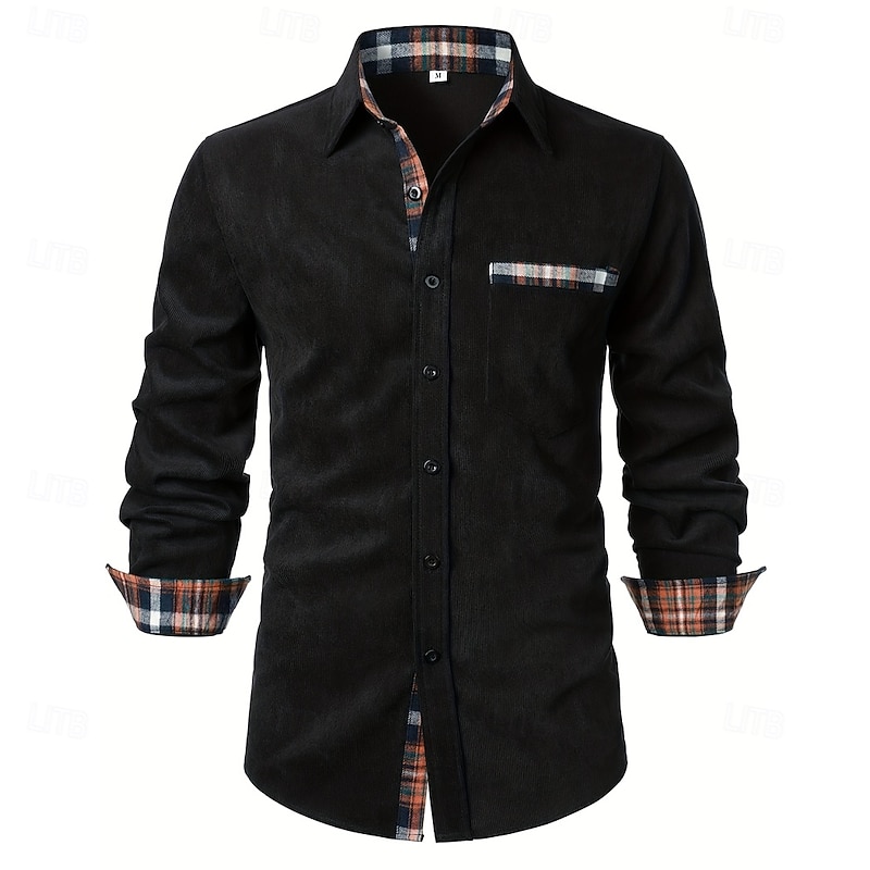 Men's Shirt Corduroy Shirt Overshirt Plaid Outdoor Street Black Navy Blue Brown Green Long Sleeve Collar Winter Spring &  Fall Clothing Apparel3