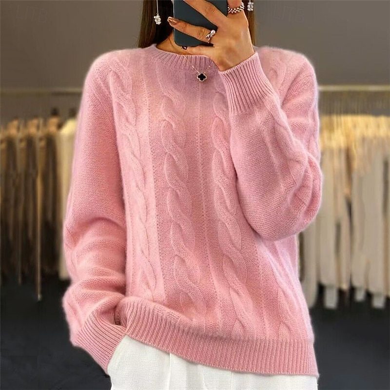 Women's Classic Pink Sweater Crew Neck Cable Fuzzy Knit Knitted Fall Winter Work Fashion Daily Long Sleeve Solid Color Pink Camel