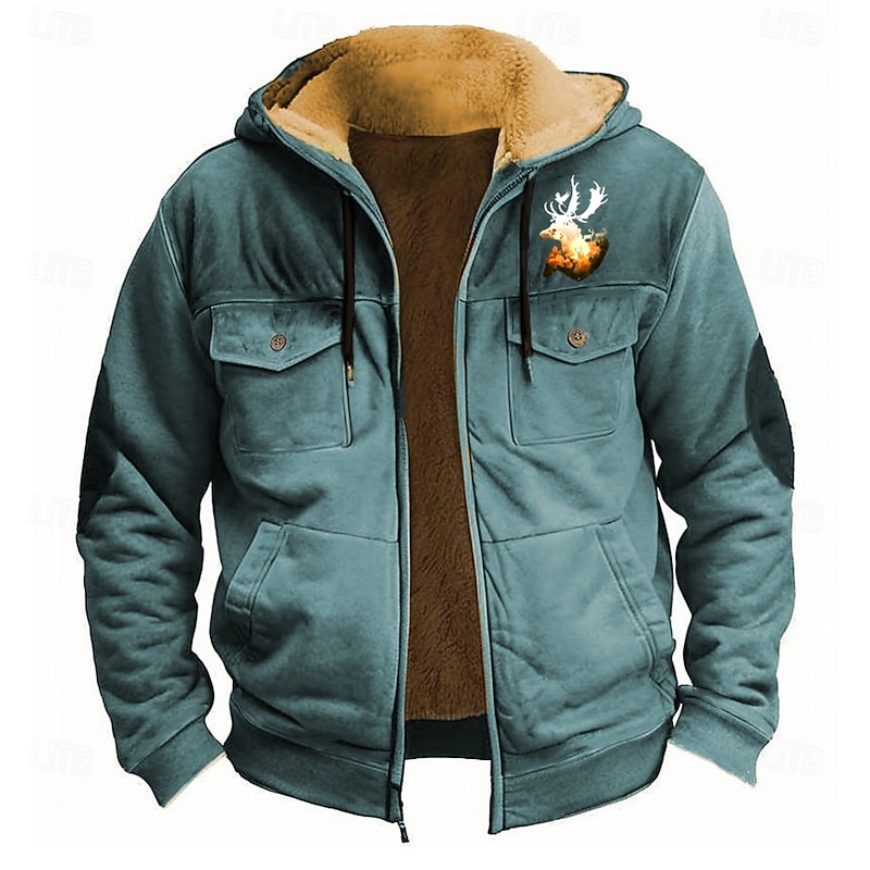 Men's Elk Fleece Hoodie Hoodies Fashion Cool Long Sleeve Hooded Holiday Hunting Streetwear Black Red Zipper Pocket Fall Winter Designer2