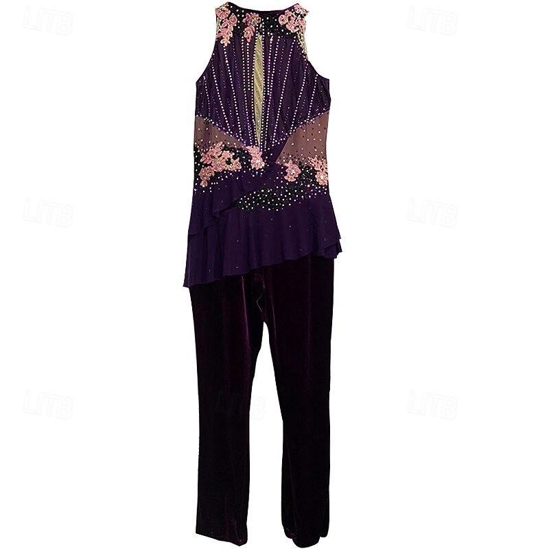 Figure Skating Pants Women's Girls' Ice Skating Outfits Purple Patchwork Open Back Mesh Spandex High Elasticity Training Practice Professional Skating Wear Classic Crystal / Rhinestone Long Sleeve