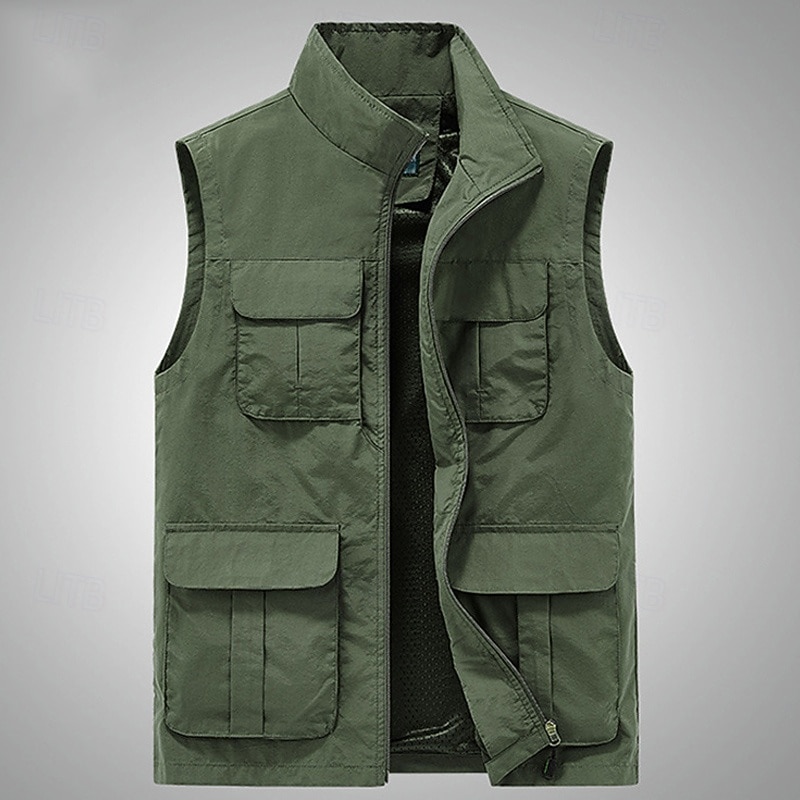 Men's Vest Gilet Fishing Vest Hiking Vest Daily Date Vacation Fashion Casual Spring & Summer Mesh Pocket Polyester Breathable Comfortable Plain Zipper Stand Collar Regular Fit Black Khaki Army Green