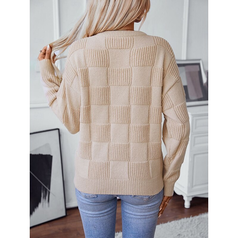 Women's Sweater Fashion Daily Geometric Crew Neck Knitted Textured Long Sleeve Regular Tops Knit Work White Camel Fall Winter3