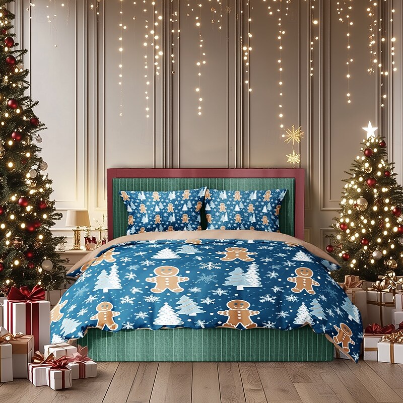 Christmas Duvet Cover with Gingerbread Man Design 100% Cotton Festive Holiday Christmas Comforter Set Full Soft and Cozy Includes Duvet Cover and Pillowcases  Queen King Size3
