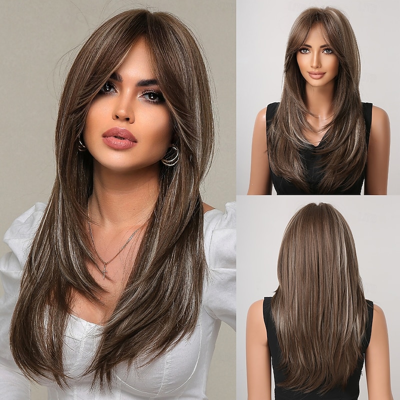 Synthetic Wig Uniforms Career Costumes Princess Straight kinky Straight Middle Part Layered Haircut Machine Made Wig 22 inch Brown / White Synthetic Hair Women's Cosplay Party Fashion Light Brown
