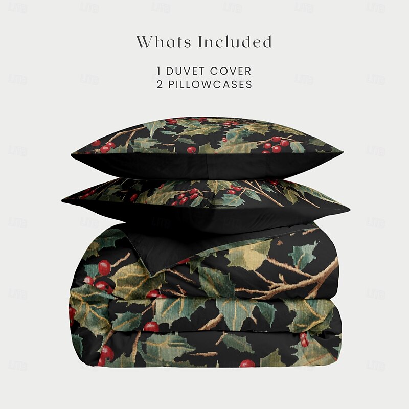Christmas Duvet Cover Set 100% Cotton Queen King Size Winterberry Design Christmas Comforter Set Full with Holly Berry Pattern Festive and Soft Includes Duvet Cover and Pillowcases Decor3