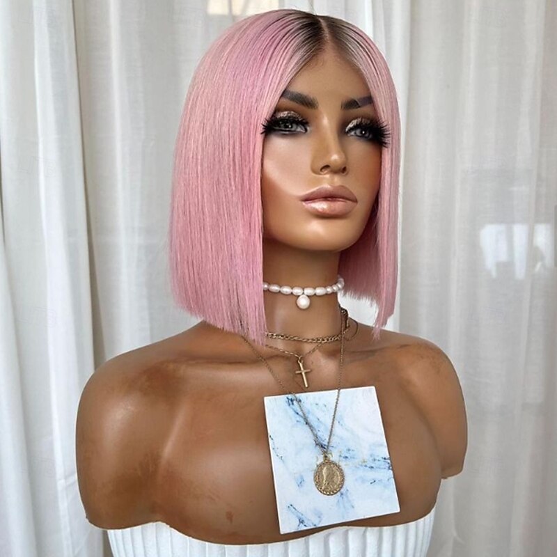 Remy Human Hair 13x4 Lace Front Wig Short Bob Middle Part Brazilian Hair Silky Straight Pink Wig 130% 150% Density Ombre Hair For Women Short Human Hair Lace Wig3