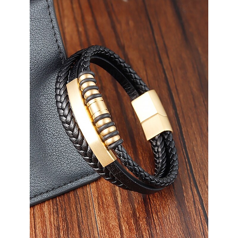 Men's Black Braided Faux Leather Bracelet with Gold Magnetic Clasp – Modern Casual Wristband with Beaded Accents, Perfect for Everyday Wear and Gifts