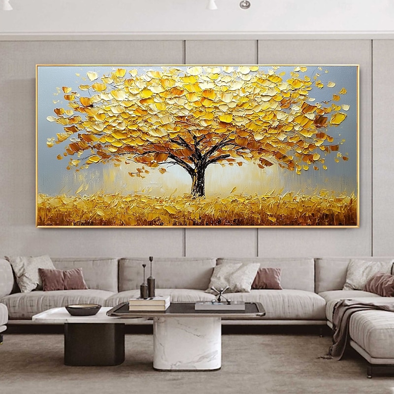 Handmade Original Golden Tree of Life Oil Painting On Canvas Abstract Texture Floral Wall Art for Home Decor With Stretched Frame/Without Inner Frame Painting
