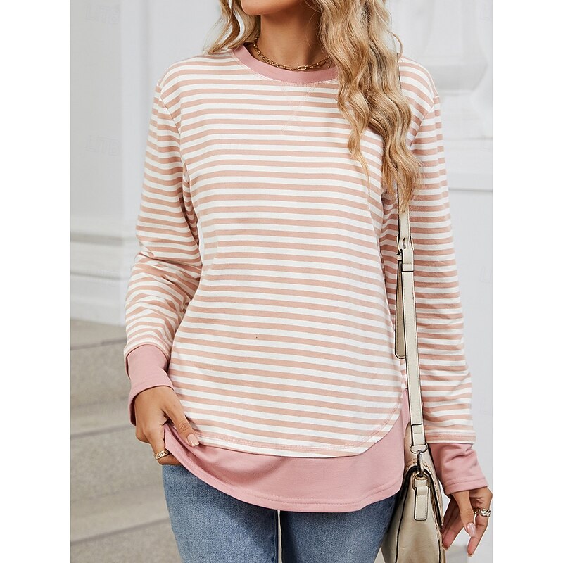 Women's Sweatshirt Casual Striped Street Dailywear Crew Neck Print Long Sleeve Black Pink Fall Winter2