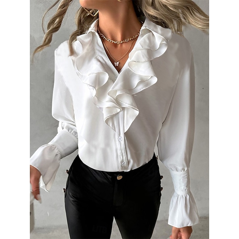 Women's Shirt Blouse Solid Color Elegant Business Casual Long Sleeve V Neck Regular Tops Work Daily Ruffle Black White Green Khaki Fall Winter