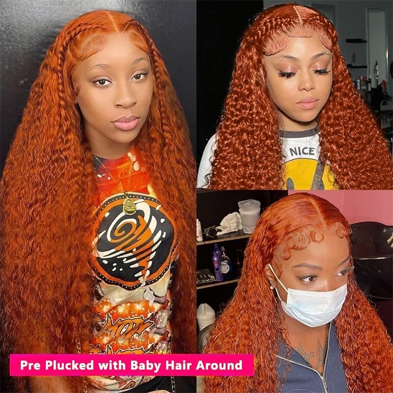 Remy Human Hair 13x4 Lace Front Wig Side Part Middle Part Free Part Brazilian Hair Deep Wave Water Wave Orange Wig 130% 150% 180% Density with Baby Hair Natural Hairline4