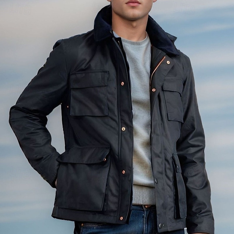 Men's Lightweight Jacket Trucker Jacket Casual Jacket Daily Vacation Thermal Warm Pocket Spring &  Fall Plain Fashion Classic Stand Collar Regular Black Navy Blue Jacket2