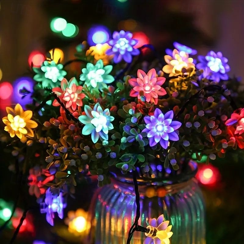 20/30/50 Lights Solar Double Layer Lotus Petal String Lights 8 Lighting Modes Decorative Lights For Outdoor Garden Hedge Yard Christmas Tree Lawn Party (Colorful/Warm White) 1pc4