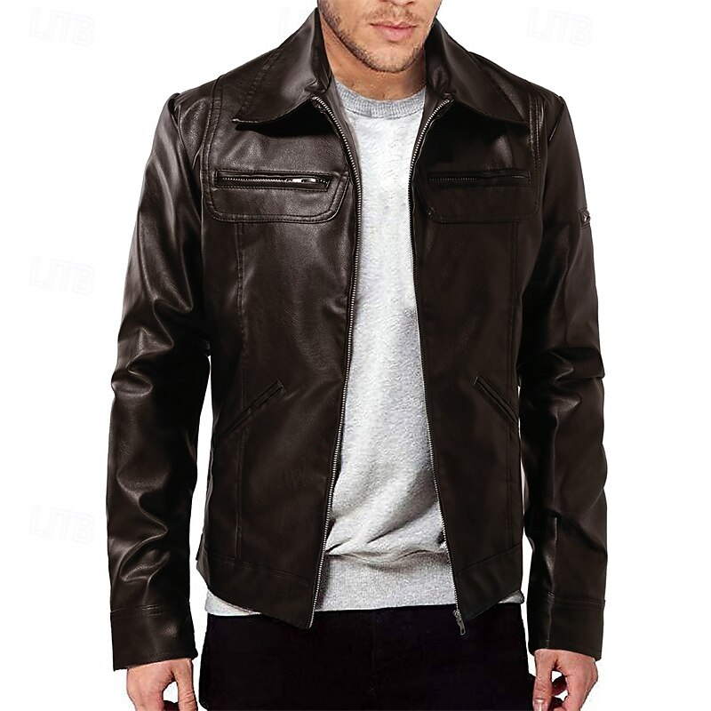 Men's Faux Leather Jacket Biker Jacket Red Leather Jacket Motorcycle Jacket Daily Vacation Windproof Warm Pocket Fall & Winter Plain Fashion Classic Lapel Regular Faux Leather Black White Wine Dark2