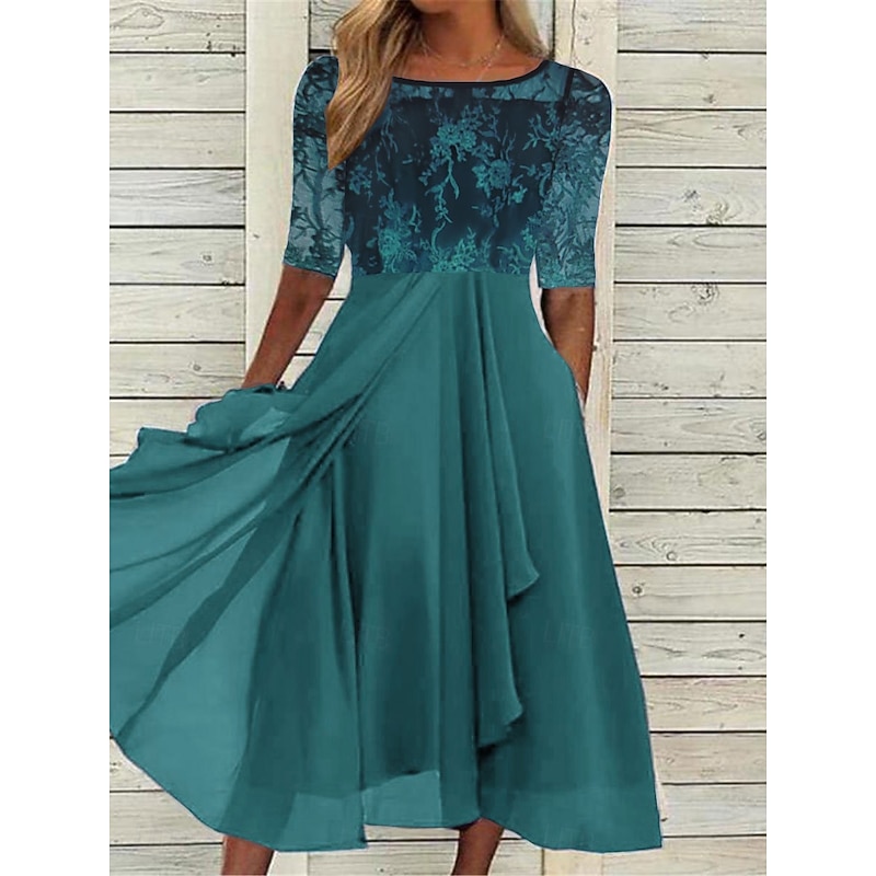 Women's Maxi Dress Lace Dress Cocktail Dress Wedding Guest Dress Chiffon Dress Elegant Formal Work Cocktail Party Regular Fit Half Sleeve Crew Neck Dark Green Purple Gold Green Summer Fall3