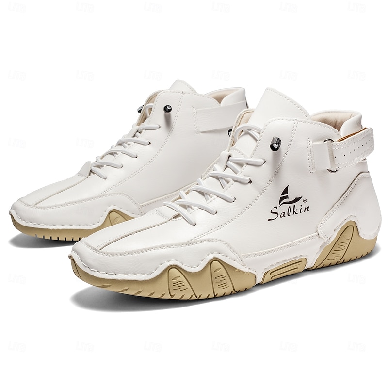 Men's Faux Leather High-Top Sneakers – Hand-Stitched White Lace-Up Shoes with Buckle Detail and Durable Sole for Casual and Urban Fashion4