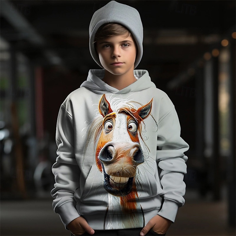 Boys 3D Graphic Animal Horse Hoodie Long Sleeve Spring Fall Fashion Streetwear Kids 4-12 Years Hooded Outdoor Casual Daily Regular Fit2