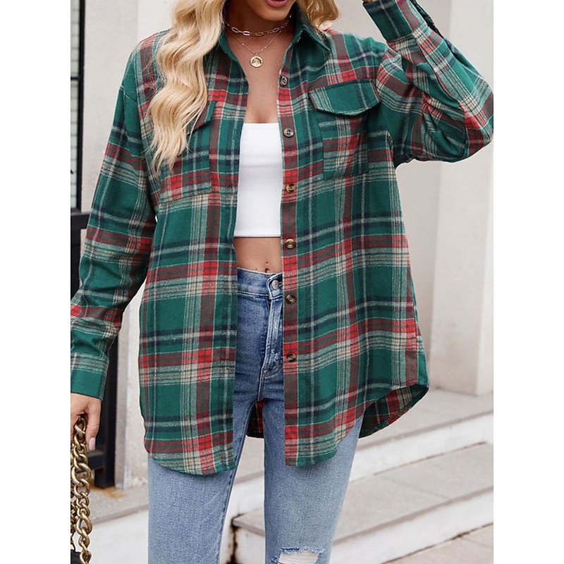 Women's Casual Jacket Outdoor Street Daily Wear Fall Winter Regular Coat Regular Fit Thermal Warm Breathable Stylish Casual Jacket Long Sleeve Stripes and Plaid with Pockets Print Pink Red Orange2