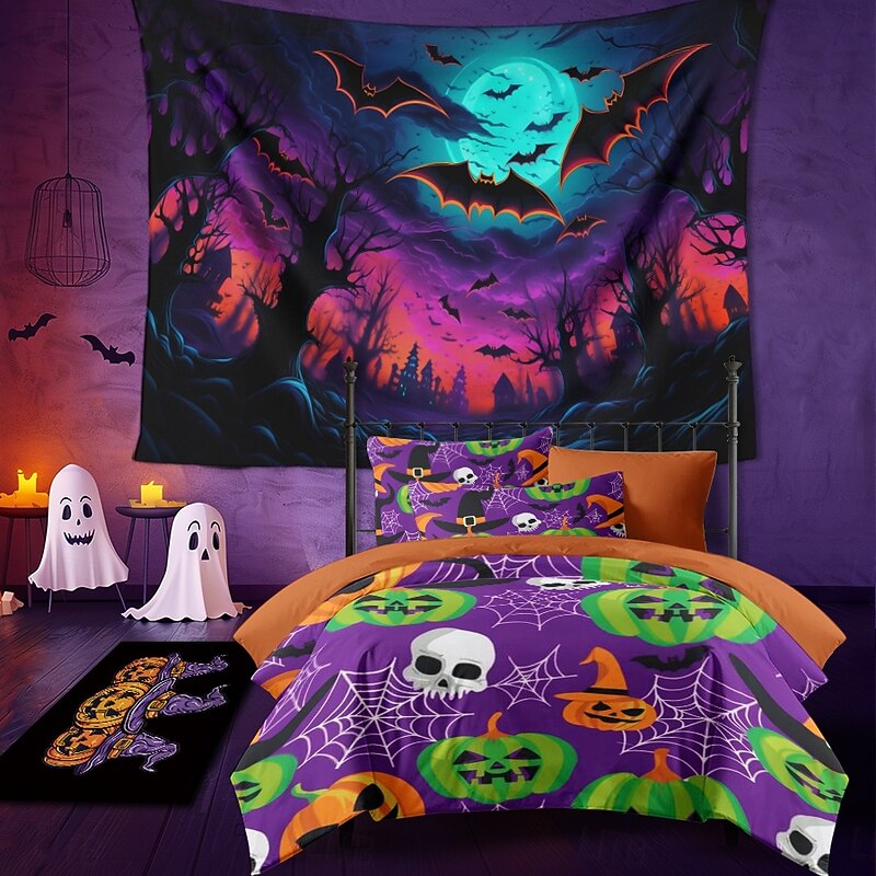 Halloween Decorations Blacklight Tapestry UV Reactive Glow in the Dark Glow Party Skeleton Cuffin Psychedelic Trippy Misty Hanging Tapestry Wall Art Mural for Living Room Bedroom4