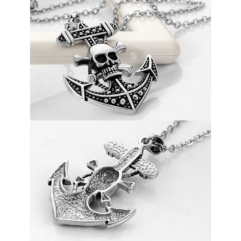 Men's Gothic Skull and Anchor Pendant Necklace – Vintage Pirate-Themed Stainless Steel Chain for Biker, Punk, and Halloween Styles4