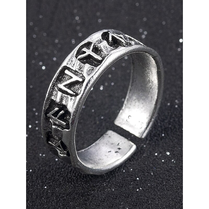 Men's Silver-Tone Adjustable Ring with Engraved Symbols, Vintage-Style Statement Jewelry for Casual and Gothic Fashion2