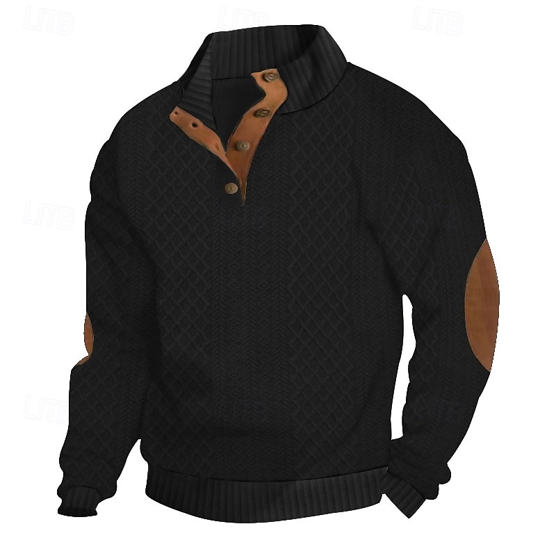 Men's Sweatshirt Black White Army Green Khaki Dark Gray Standing Collar Plain Jacquard Patchwork Ribbed Textured Daily Holiday Going out Polyester Textured Streetwear Casual Fall Winter Clothing3