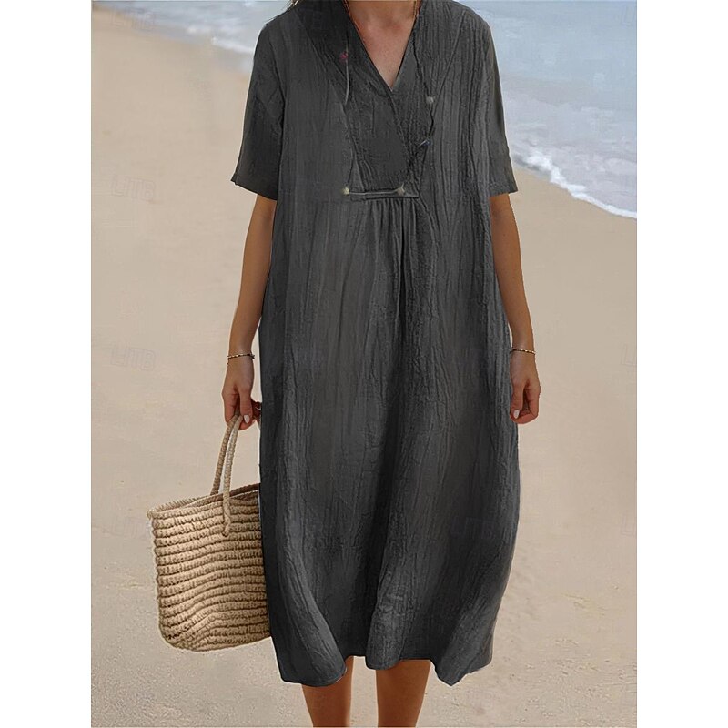 Women's Midi Dress V-neckline Crinkled Texture Light Blue Short Sleeve Casual Beachwear Loose Fit Breathable Summer Apparel4